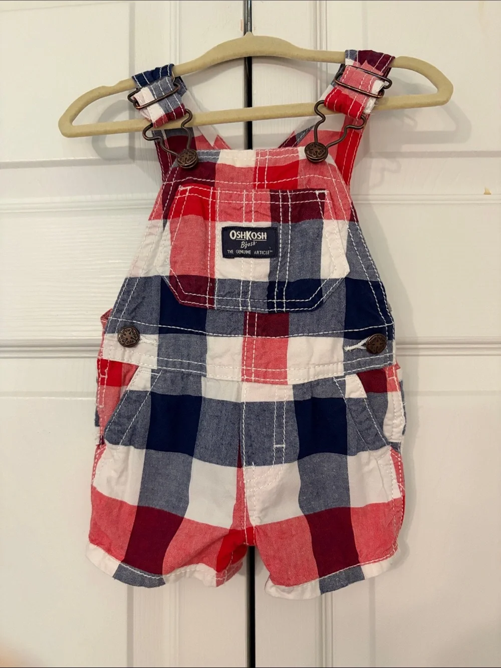 OshKosh B'gosh Red, White& Blue Plaid Short Overalls Adorable! 3 Months EUC